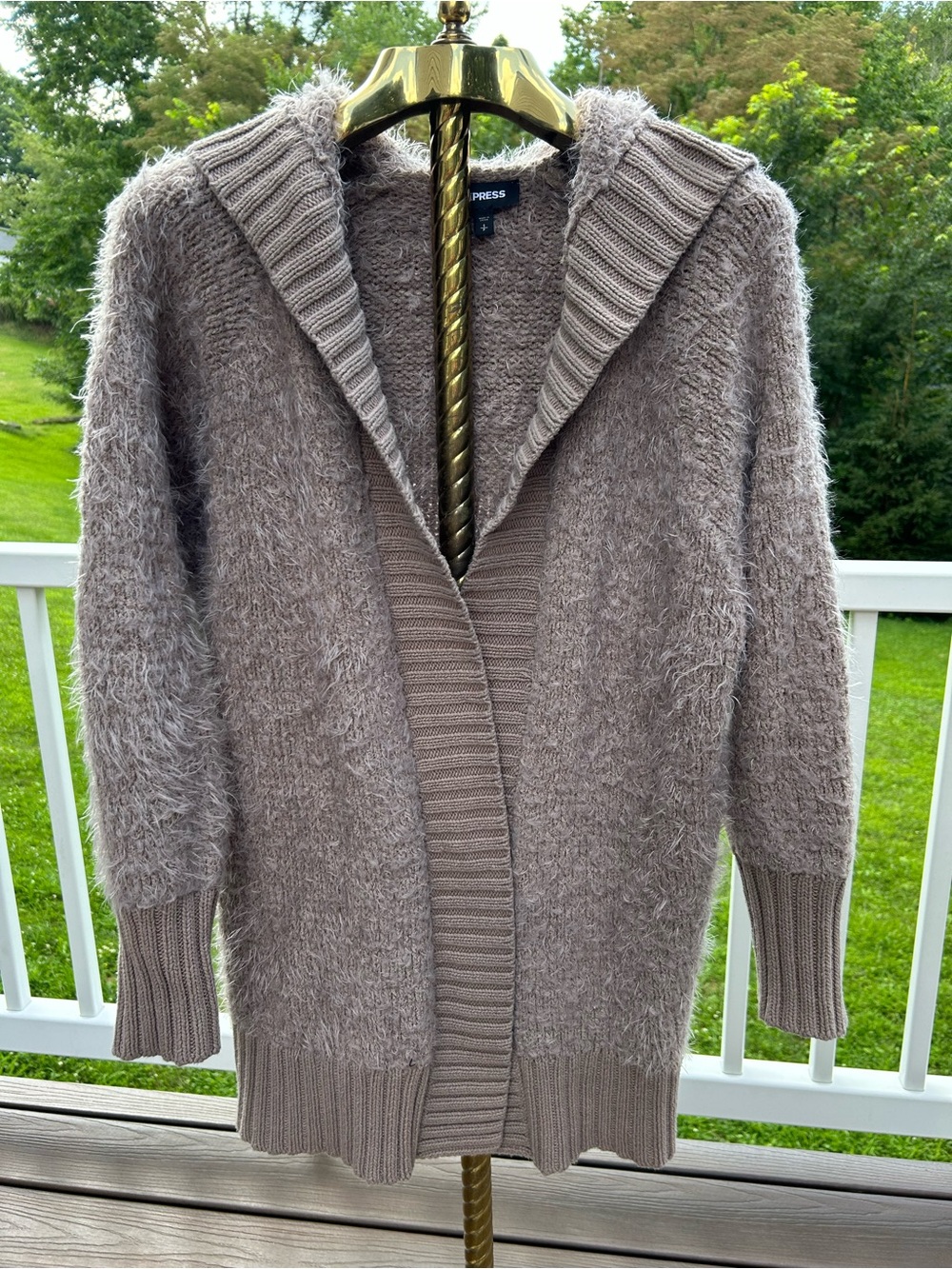 Express Fuzzy Hooded Open Front Cardigan in Taupe